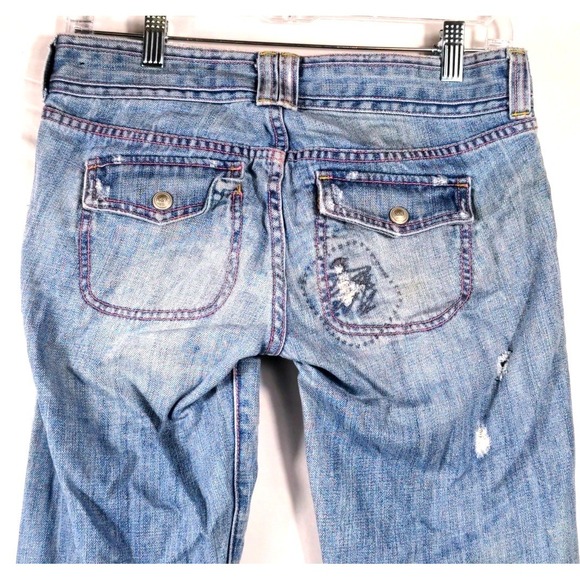 Abercrombie & Fitch Women 2 Flare Jean Cotton Blue Distressed Patch Y2K Boho Vtg - Picture 7 of 8